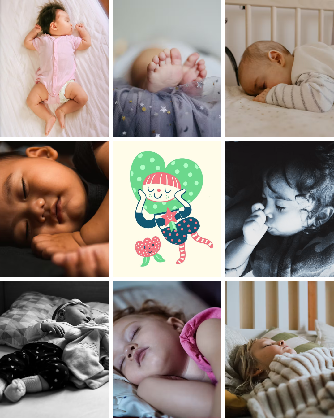 Illustration de bébés et enfants dormant paisiblement, invitation à échanger autour du sommeil de bébé et de l'enfant.