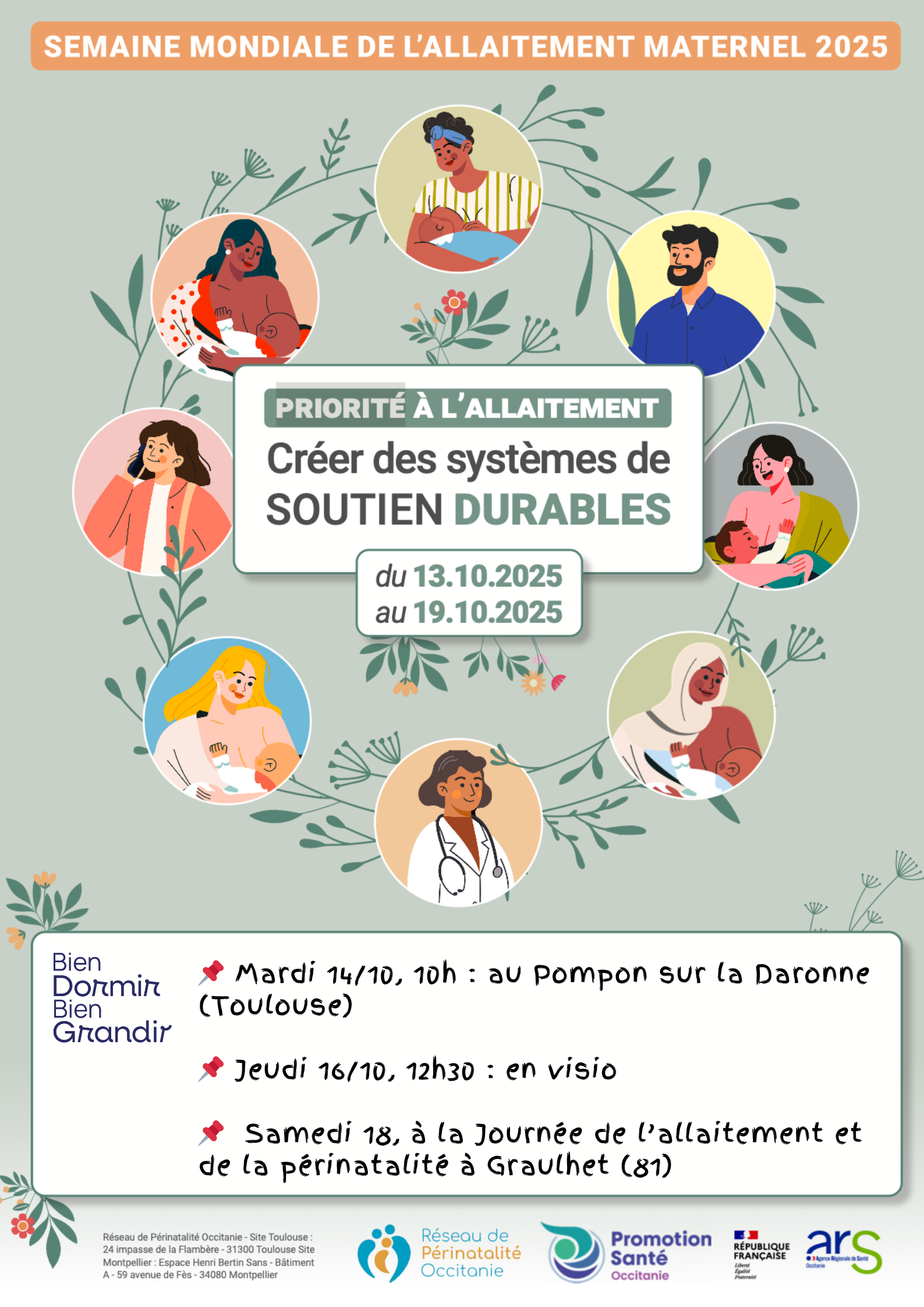 Affiche Occitanie Semaine Mondiale Allaitement Maternel avec agenda des ateliers Bien Dormir Bien Grandir