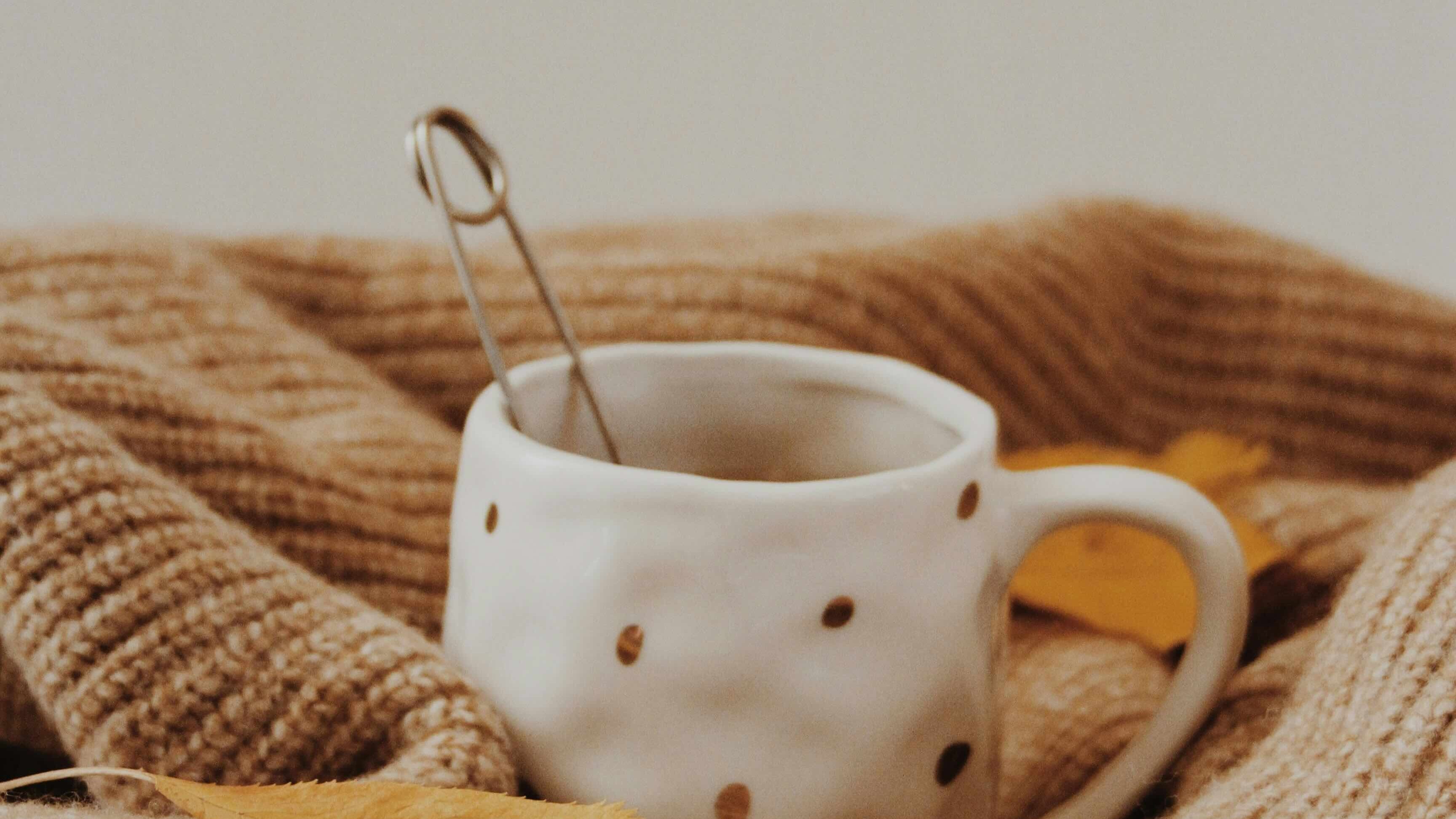 Mug en céramique à pois dorés avec boule à thé, posé sur un pull en laine camel – ambiance douceur et cocooning au Pompon sur la Daronne à Toulouse.