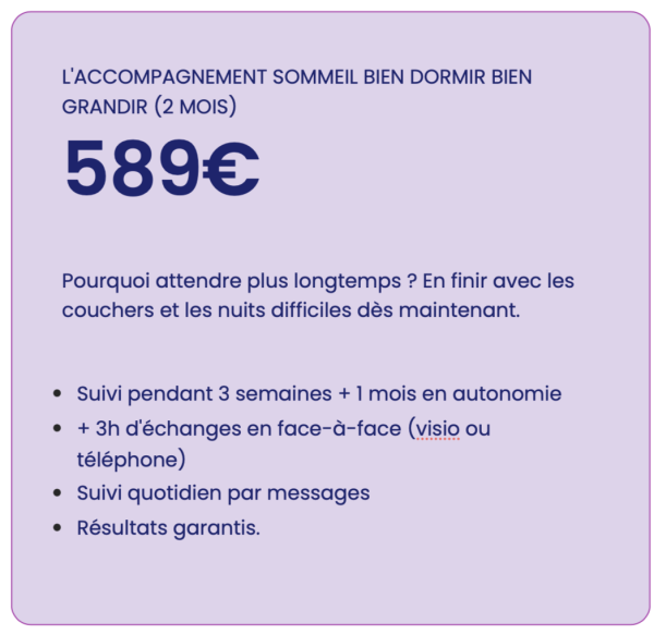 Présentation de l'offre Bien Dormir Bien Grandir dédiée aux couchers et nuits difficiles des enfants. Accompagnement personnalisé